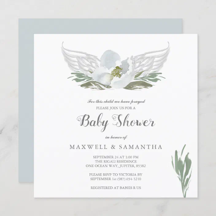 Blue Watercolor Florals Angel Wings Baby Shower Invitation Zazzle Com