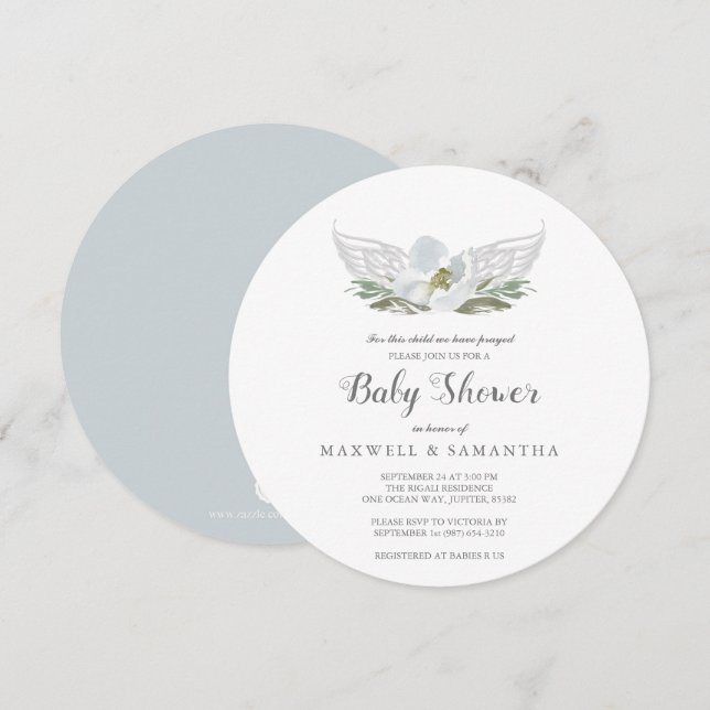 Blue Watercolor Florals Angel Wings Baby Shower Invitation (Front/Back)