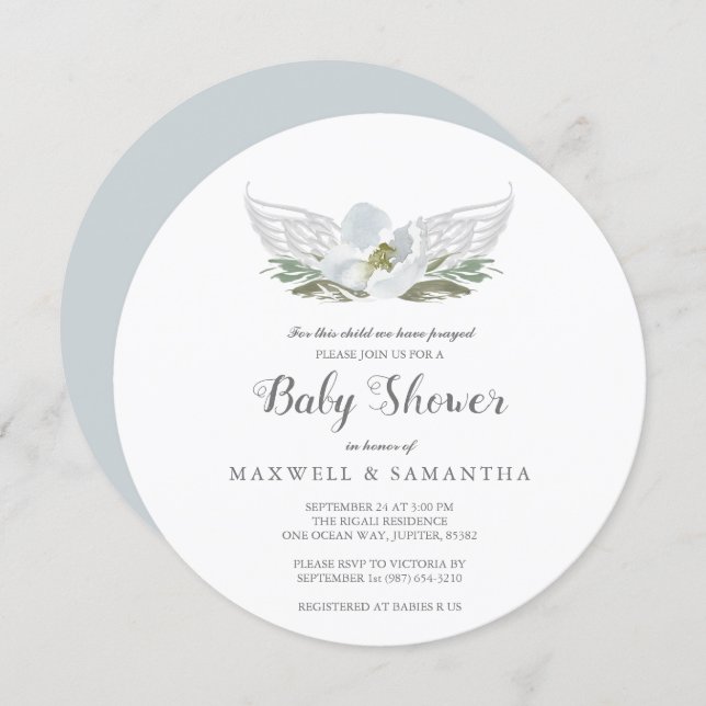 Blue Watercolor Florals Angel Wings Baby Shower Invitation (Front/Back)