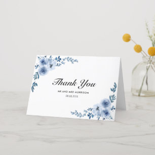 blue watercolor florals wedding thank you card