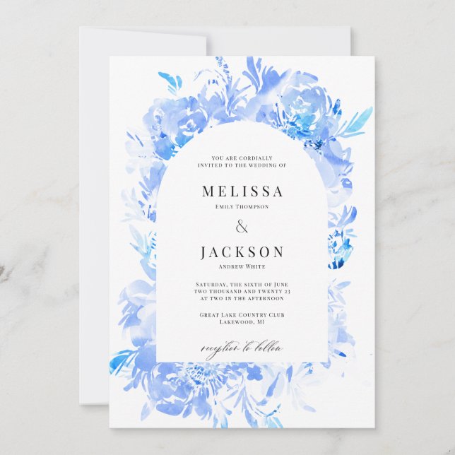 Blue Watercolor Flower Arch Wedding Invitation (Front)
