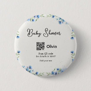 Blue watercolor flower baby shower scan QR RSVP pa Button