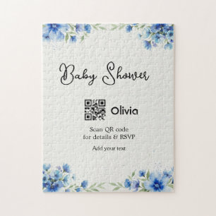 Blue watercolor flower baby shower scan QR RSVP pa Jigsaw Puzzle
