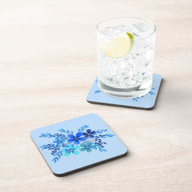 Blue watercolor flower beverage coaster (Right Side)