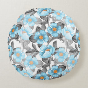 Blue Watercolor Flower - Botanical Floral Round Pillow