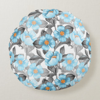 Blue Watercolor Flower - Botanical Floral Round Pillow