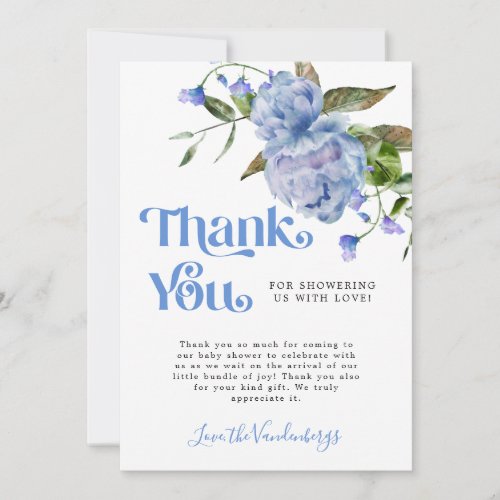 Blue Watercolor Flower Boy Baby Shower Thank You Card