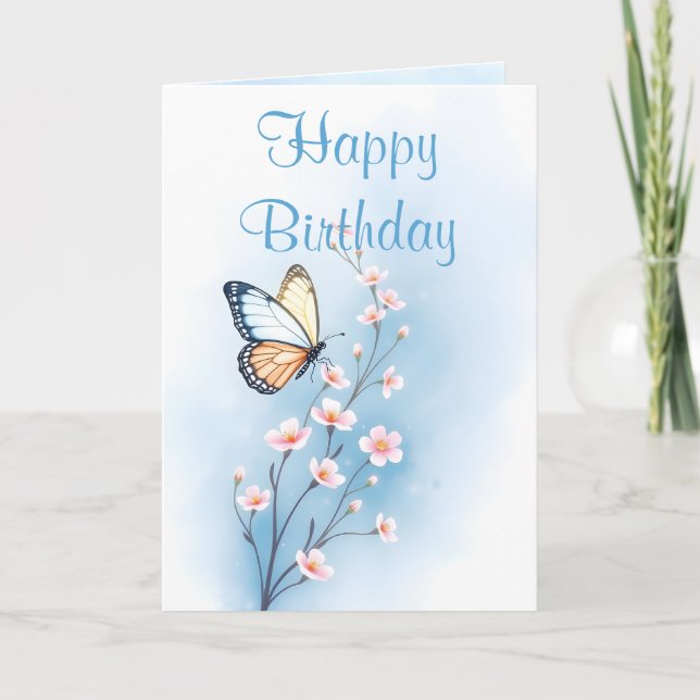 Blue Watercolor Flower Butterfly Happy Birthday Card (Front)