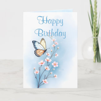 Blue Watercolor Flower Butterfly Happy Birthday Card