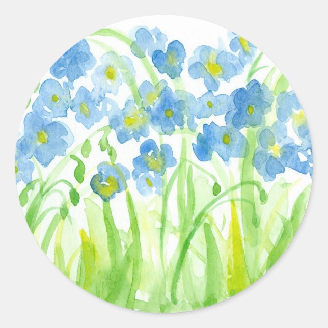Blue Watercolor Flower Garden Pastel Classic Round Sticker (Front)