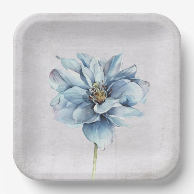 Blue Watercolor Flower Paper Plates (Front)