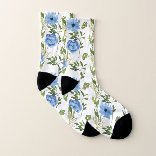 Blue Watercolor Flower Pattern  Socks