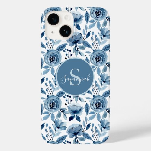 Blue Watercolor Flower Pattern with Monogram Case_Mate iPhone 14 Case