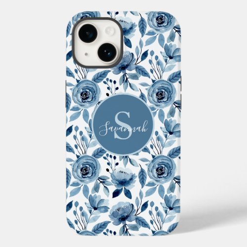 Blue Watercolor Flower Pattern with Monogram  Case_Mate iPhone 14 Case