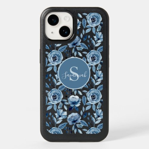 Blue Watercolor Flower Pattern with Monogram OtterBox iPhone 14 Case
