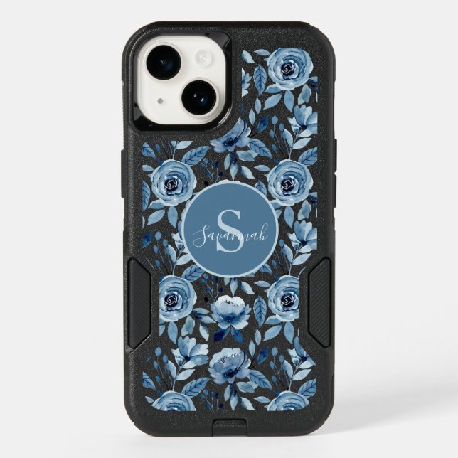 Blue Watercolor Flower Pattern with Monogram Otterbox iPhone Case (Back)