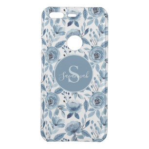 Blue Watercolor Flower Pattern with Monogram  Uncommon Google Pixel Case