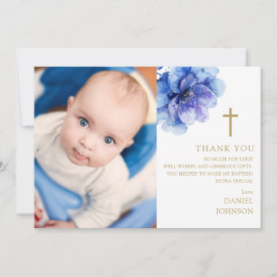 Blue Watercolor Flower Photo Baptism Christening Thank You Card