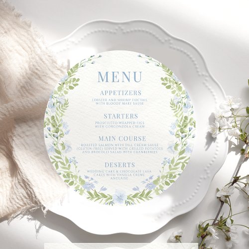 Blue watercolor flower round Menu Card For Plate