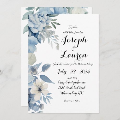 blue watercolor flower themed wedding invitation