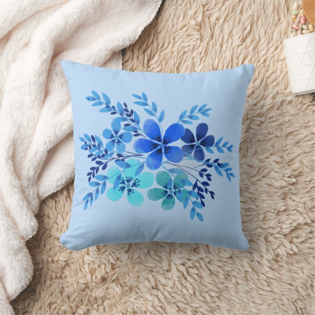Blue watercolor flower throw pillow (Blanket)