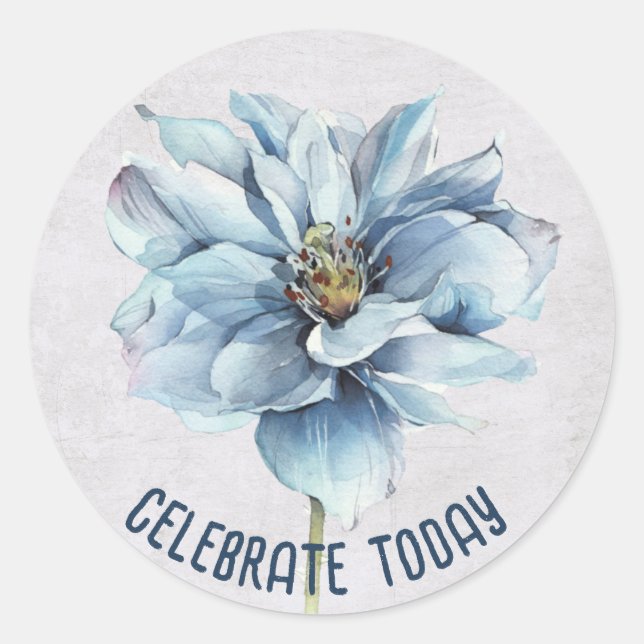 Blue Watercolor Flower with Text Classic Round Sticker (Front)
