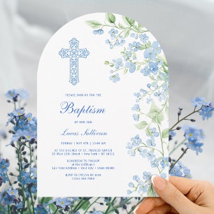 Blue Watercolor Flowers Arch Baptism Invitation