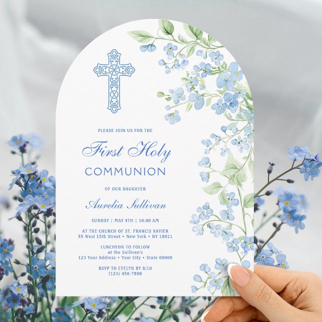 Blue Watercolor Flowers Arch First Communion Invitation (Creator Uploaded)