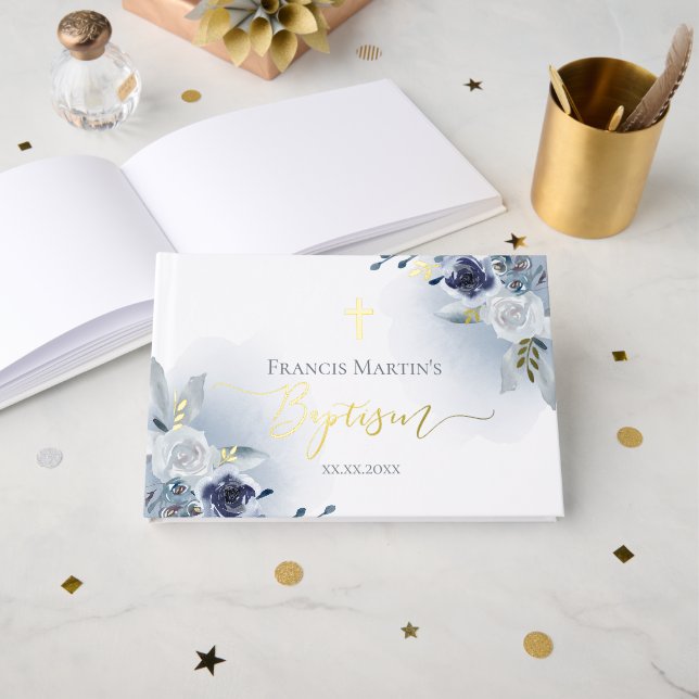 blue watercolor flowers Baptism  Foil Guest Book (Front Open)