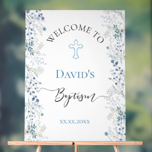 blue watercolor flowers Baptism welcome Acrylic Sign