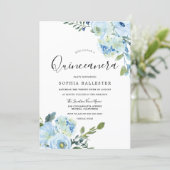 Blue Watercolor Flowers Beautiful Quinceanera Invitation (Standing Front)