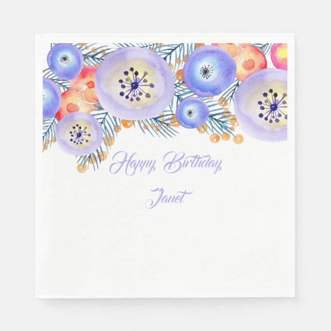 Blue Watercolor Flowers Birthday Napkins (Front)