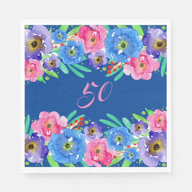 Blue Watercolor Flowers Birthday Napkins (Front)