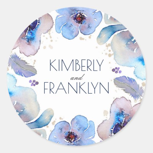 Blue Watercolor Flowers Boho Feathers Wedding Classic Round Sticker - Watercolor floral feathers boho chic wedding seals and/or wedding thank you stickers