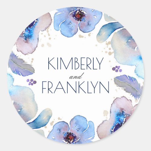 Blue Watercolor Flowers Boho Feathers Wedding Classic Round Sticker - Watercolor floral feathers boho chic wedding seals and/or wedding thank you stickers