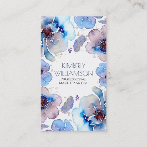Blue Watercolor Flowers Boho Feathers Wreath Business Card