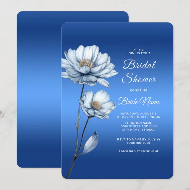 Blue Watercolor Flowers Bridal Shower Invitation (Front/Back)