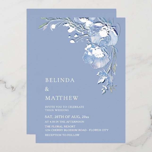 Blue Watercolor Flowers Casual Wedding Foil Invitation (Front/Back)