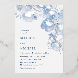 Blue Watercolor Flowers Casual Wedding Foil Invitation