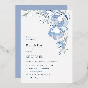 Blue Watercolor Flowers Casual Wedding Foil Invitation