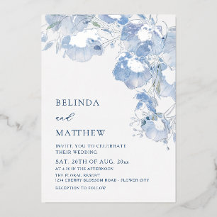 Blue Watercolor Flowers Casual Wedding Foil Invitation