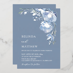 Blue Watercolor Flowers Casual Wedding Foil Invitation