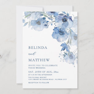 Blue Watercolor Flowers Casual Wedding Invitation