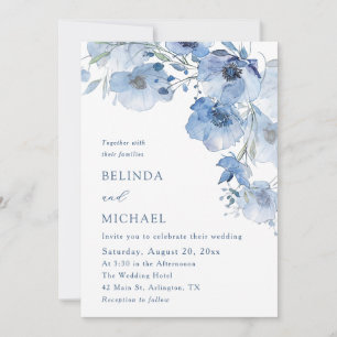 Blue Watercolor Flowers Casual Wedding Invitation