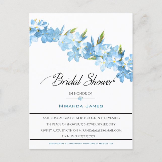 Blue Watercolor Flowers Elegant Bridal Shower Invitation Postcard (Front)