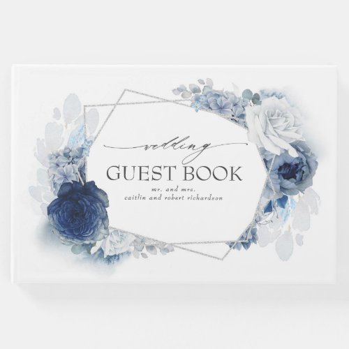 Blue Watercolor Flowers Elegant Silver Wedding Guest Book