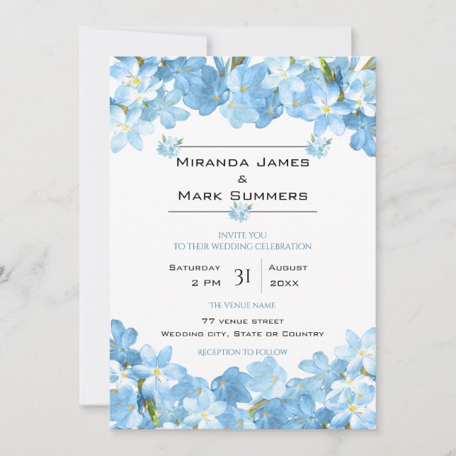 Blue Watercolor Flowers Elegant Wedding Invitation (Front)