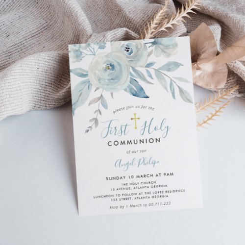 Blue watercolor flowers first holy communion invitation