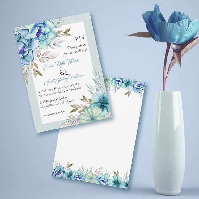 Blue watercolor flowers floral mint green wedding invitation (Creator Uploaded)