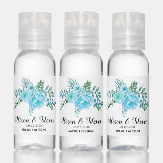 Blue watercolor flowers floral wedding favor hand sanitizer
